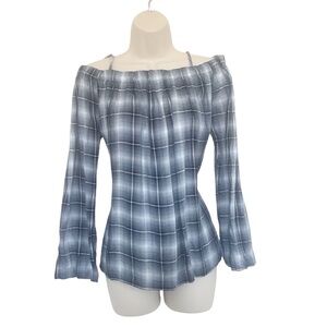 NWT Sans Souchi Womens Off The Shoulder Blue Plaid Long Sleeve Blouse Size M